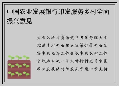 中国农业发展银行印发服务乡村全面振兴意见