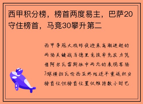 西甲积分榜,榜首两度易主,巴萨20守住榜首,马竞30攀升第二