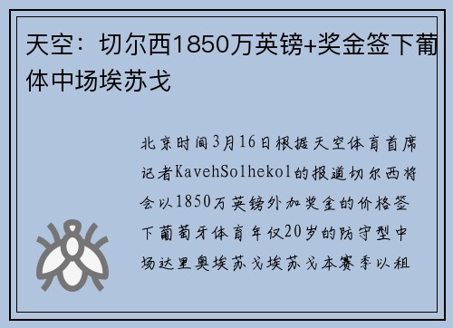 天空：切尔西1850万英镑+奖金签下葡体中场埃苏戈