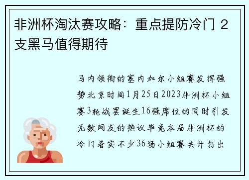 非洲杯淘汰赛攻略：重点提防冷门 2支黑马值得期待