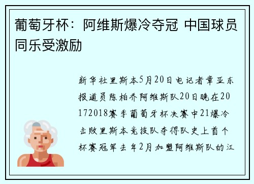葡萄牙杯：阿维斯爆冷夺冠 中国球员同乐受激励