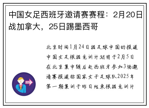 中国女足西班牙邀请赛赛程:2月20日战加拿大,25日踢墨西哥